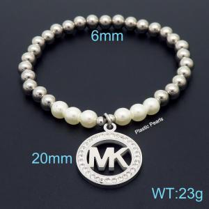 Hand make stainless steel simple style plastic pearls mk charm crystal with withe mud steel bead silver bracelet - KB164818-Z