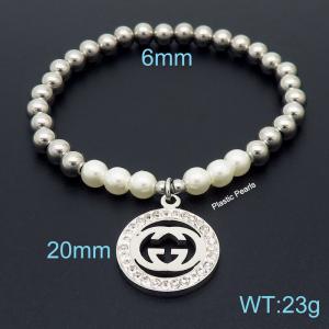 Hand make stainless steel simple style plastic pearls gucci charm crystal with withe mud steel bead silver bracelet - KB164820-Z