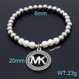Hand make stainless steel simple style plastic pearls MK charm steel bead silver bracelet - KB164822-Z