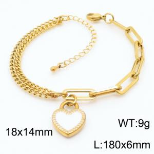 Create Drop Glue White Heart Two Different Chains 18K Gold Plated Stainless Steel Bangles Bracelets - KB165596-Z