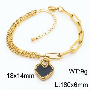 Create Drop Glue Black Heart Two Different Chains 18K Gold Plated Stainless Steel Bangles Bracelets - KB165598-Z