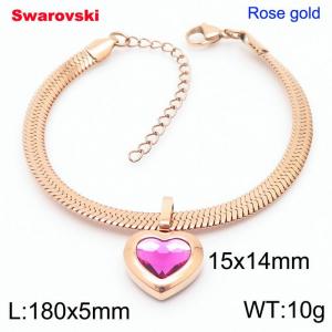 Stainless steel 180X5mm  snake chain with swarovski heart stone pendant fashional rose gold bracelet - KB166446-K