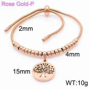 18K Rose Gold Plated Stainless Steel Life Tree Pendant Bead Keel Chain Adjustable Bracelets - KB166516-Z