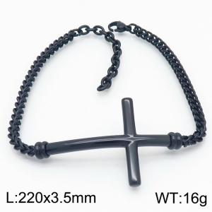 Black Plated Stainless Steel Herringbone Chain Bracelet with Christian Cross Charm - KB167196-KFC