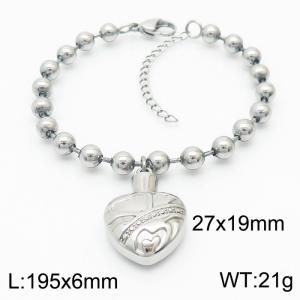 6mm Beads Chain Bracelet Women Stainless Steel 304 With Heart Charm Silver Color - KB167289-Z