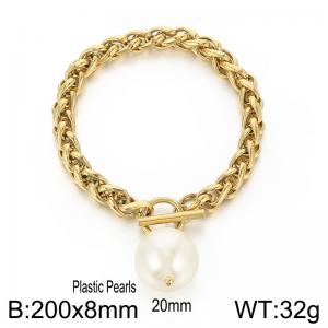 Stainless steel 200x8mm dragonbone chain charm circle clasp classic ball plastic pearl pendant gold bracelet - KB168189-Z