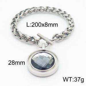 Stainless steel 200x8mm dragonbone chain charm circle clasp classic huge transparent black stone circle pendant silver bracelet - KB168197-Z