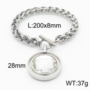 Stainless steel 200x8mm dragonbone chain charm circle clasp classic huge transparent stone circle pendant silver bracelet - KB168198-Z