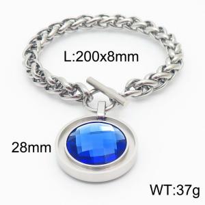 Stainless steel 200x8mm dragonbone chain charm circle clasp classic huge blue stone circle pendant silver bracelet - KB168199-Z