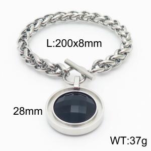 Stainless steel 200x8mm dragonbone chain charm circle clasp classic huge black stone circle pendant black bracelet - KB168200-Z