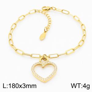 Stainless steel 180X3mm link chain with hollow love heart crystal charm fashional gold bracelet - KB168268-KLX