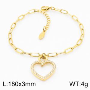 Stainless steel 180X3mm link chain with hollow love heart crystal charm fashional gold bracelet - KB168268-KLX