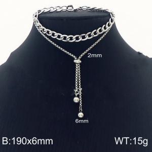 Stainless steel 190x6mm two layers cuban & square pearl chain lobster clasp bead charm classic silver bracelet - KB168660-Z