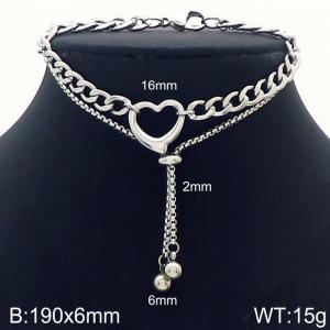 Stainless steel 190x6mm two layers cuban & square pearl chain lobster clasp bead heart charm classic silver bracelet - KB168662-Z