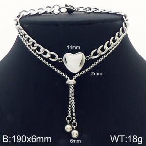 Stainless steel 190x6mm two layers cuban & square pearl chain lobster clasp bead heart charm classic silver bracelet - KB168664-Z
