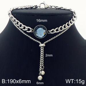 Stainless steel 190x6mm two layers cuban & square pearl chain lobster clasp bead big light blue stone circle charm classic silver bracelet - KB168674-Z