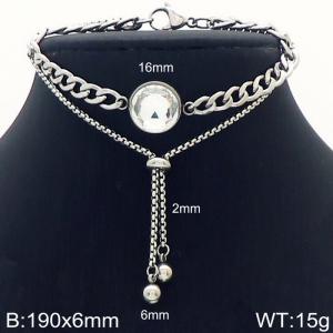 Stainless steel 190x6mm two layers cuban & square pearl chain lobster clasp bead big whithe stone circle charm classic silver bracelet - KB168675-Z