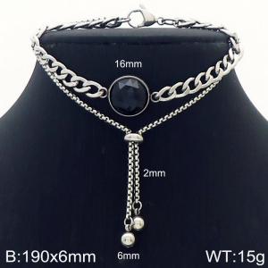 Stainless steel 190x6mm two layers cuban & square pearl chain lobster clasp bead big black stone circle charm classic silver bracelet - KB168676-Z
