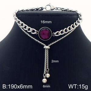 Stainless steel 190x6mm two layers cuban & square pearl chain lobster clasp bead big purple stone circle charm classic silver bracelet - KB168677-Z
