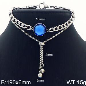 Stainless steel 190x6mm two layers cuban & square pearl chain lobster clasp bead big dark blue stone circle charm classic silver bracelet - KB168678-Z