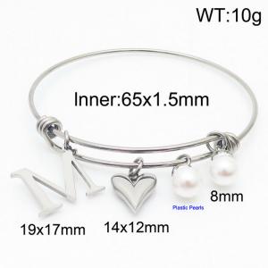 Stylish stainless steel retractable women's pearl bracelet with English letters and a peach heart - KB168741-Z