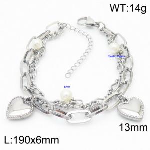 Ins Double Layer Chains Heart 6mm Pearl Bracelet Stainless Steel Couple Bracelets - KB168778-Z