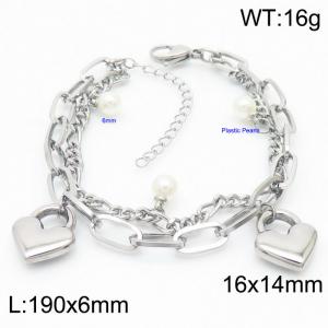 Ins Double Chains 6mm Pearls Bracelet Stainless Steel Lock Heart Bracelets For Women - KB168780-Z