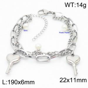 Fashion Double Chains Key 6mm Pearls Bracelet Stainless Steel Bracelets For Women - KB168782-Z