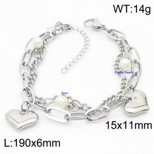 Fashion 190mm Double Chains Pearls Bracelet Stainless Steel Heart Bracelets For Women - KB168784-Z