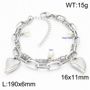 190mm Double Chains Pearls Fashion Bracelet Stainless Steel Heart Bracelets For Women - KB168786-Z