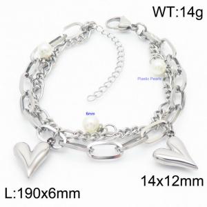 Europe And America Pearls Bracelet Double Chains Stainless Steel Heart Bracelets - KB168790-Z