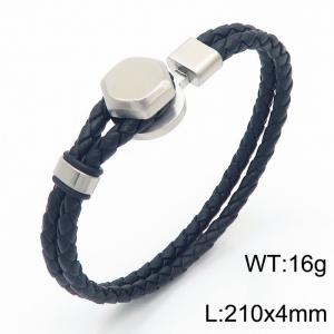 21cm Brushed Silver Color Stainless Steel Double Layer Woven Cowhide Black Color Bracelets - KB169032-KLHQ