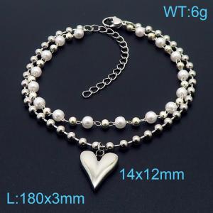 Stainless steel 180x3mm two layers plastic pearls & ball chain lobster clasp heart charm beautiful silver bracelet - KB169138-Z