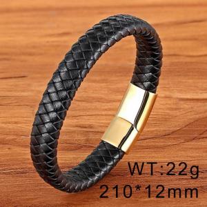 210mm Stainless Steel Leather Chain Magnetic Clasp Charm Bracelet Color Gold - KB169408-WGYY
