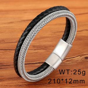210mm Stainless Steel Tow Color Leather Chain Magnetic Clasp Charm Bracelet Color Silver - KB169413-WGYY