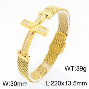 Stainless steel mesh watch simple and fashionable diamond inlaid cross charm gold bracelet - KB169654-KLHQ