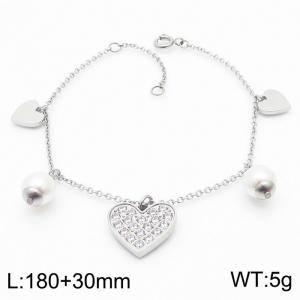 Lightweight Silver Stainless Steel Heart Charm Bracelet With Shell Beads & Cubic Zirconia Adjustable Size - KB169962-KLX