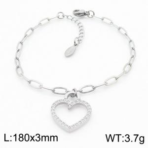 Lightweight Silver Paperclip Link Stainless Steel Heart Charm Bracelet With CZ Adjustable Size - KB169963-KLX