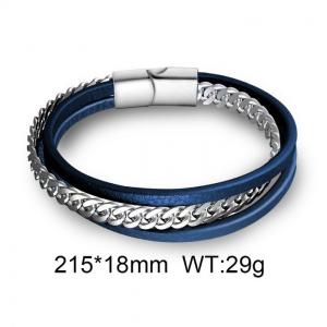 Men Casual Blue Leather&Stainless Steel Cuban Chain Bracelet - KB170216-WGAS