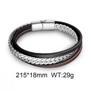 Men Casual Black Leather&Stainless Steel Cuban Chain Bracelet - KB170217-WGAS