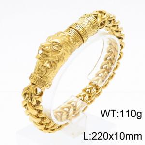 Punk Stainless Steel 220 × 10mm thick chain retro domineering lion head statue ribbed buckle gold bracelet - KB170266-KLHQ