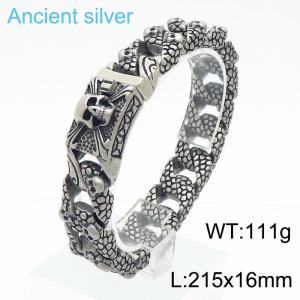 Punk Skull Charm Bracelet Men 21.5cm Stainless Steel Cuban Chain Ancient Silver Color - KB170279-KJX