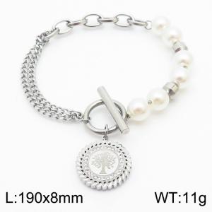 Baroque Tree Coin Pendant Bracelets Pearl Stainless Steel OT Lock Bracelets - KB170297-KSP