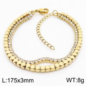 3mm Square Beads Chain Stainless Steel Bracelect Double Chain Gold Color With Zircons - KB170547-Z