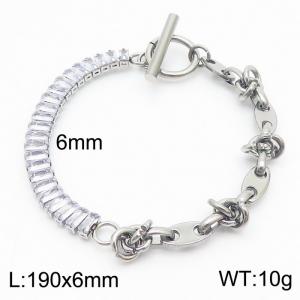 6mm Stainless Steel Bracelet OT Chain Half Geometric Link Chain Half Zircons Silver Color - KB170568-Z