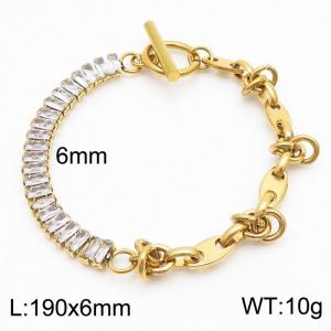 6mm Stainless Steel Bracelet OT Chain Half Geometric Link Chain Half Zircons Gold Color - KB170569-Z