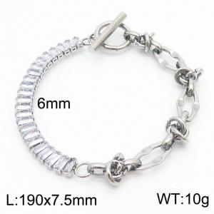 6mm Stainless Steel OT Bracelet Chain Half Geometric Link Chain Half Zircons Silver Color - KB170570-Z