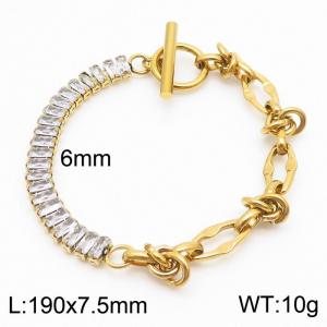 6mm Stainless Steel Bracelet OT Chain Half Geometric Link Chain Half Zircons Gold Color - KB170571-Z
