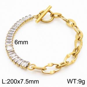 6mm Stainless Steel Bracelet OT Chain Half Elliptical Accessories Link Chain Half Zircons Gold Color - KB170583-Z