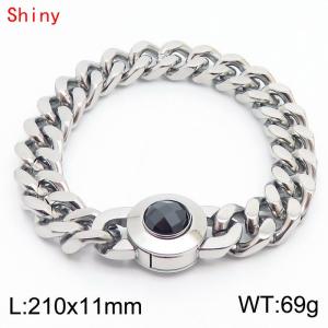 11mm personalized trendy titanium steel polished Cuban chain silver bracelet with black crystal snap closure - KB170830-Z